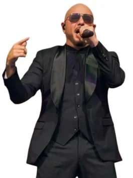 Front view of the black suiting fabric Pitbull I’m Back Tour 2026 Black Blazer detailing the shawl lapel collar and front button.