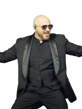Black suiting fabric Pitbull I’m Back Tour 2026 Black Blazer highlighting four functional storage pockets.