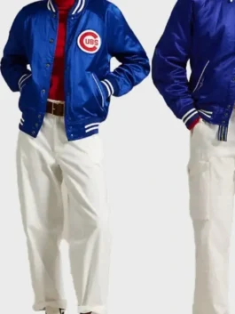 Full model view of a young man wearing the blue Polo Ralph Lauren Cubs Satin Jacket over a white t-shirt.