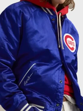 Close-up front view of the blue Polo Ralph Lauren Cubs Satin Jacket on a mannequin focusing on the chest embroidery.