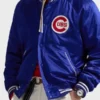 Blue Polo Ralph Lauren Cubs Satin Jacket on a mannequin showcasing the snap button closure and front logos.