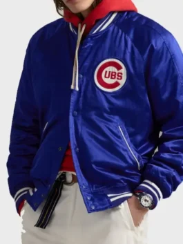 Blue Polo Ralph Lauren Cubs Satin Jacket on a mannequin showcasing the snap button closure and front logos.