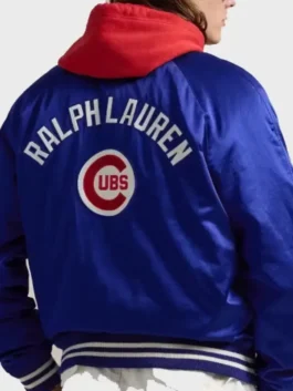 Back view of the blue satin Polo Ralph Lauren Cubs Jacket showing the large embroidered logos on the mannequin.
