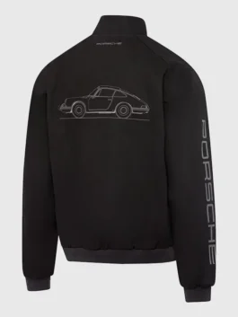 Back view of the Porsche Legacy x PUMA Pepita Jacket showing the clean athletic drape and color block design.
