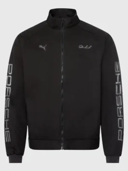 Front view of the Porsche Legacy x PUMA Pepita Jacket in premium cotton fabric with a stand up collar and zipper front.