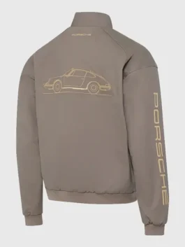 Front close-up of the Porsche Legacy x PUMA Pepita Jacket in stone grey, white, and black colorways.