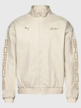 White premium cotton paneling on the Porsche Legacy x PUMA Pepita Jacket with long sleeves and zipper closure.