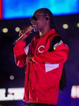 Front view of the red satin Snoop Dogg Cincinnati Reds Jacket highlighting the sporty elastic cuffs.