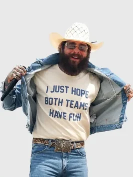 Full profile view of the white Post Malone I Just Hope Both Teams Have Fun T-Shirt in breathable polyester.
