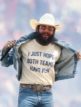 Front view of the Post Malone I Just Hope Both Teams Have Fun T-Shirt highlighting the neat round neckline and structured fit.