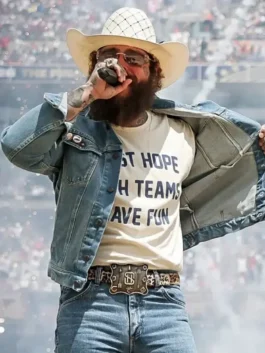 Crisp white polyester Post Malone I Just Hope Both Teams Have Fun T-Shirt featuring a simple round neck collar and short sleeves.