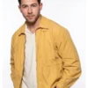 Close-up of the mustard yellow cotton Power Ballad Nick Jonas Mustard Yellow Jacket showcasing the shirt collar and zipper closure.
