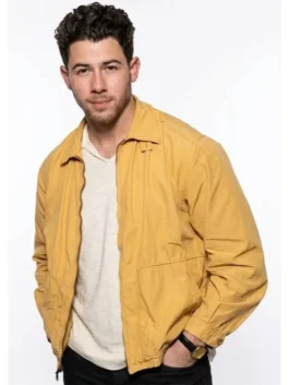 Close-up of the mustard yellow cotton Power Ballad Nick Jonas Mustard Yellow Jacket showcasing the shirt collar and zipper closure.