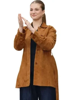 Full front view of the brown suede Princess Leonor Brown Suede Leather Jacket detailing four spacious storage pockets.