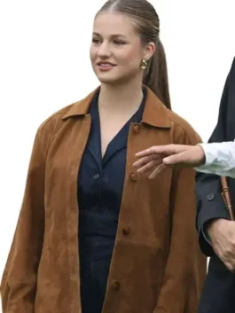 Rich brown suede leather Princess Leonor Brown Suede Leather Jacket featuring a shirt style collar and belted waist closure.