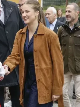 Side profile of the Princess Leonor Brown Suede Leather Jacket showing the adjustable belt, neat stitching, and soft suede texture.