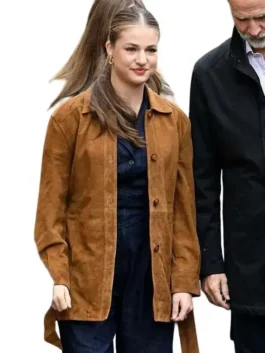 Front view of the brown Princess Leonor Brown Suede Leather Jacket highlighting the belted waist and button front.