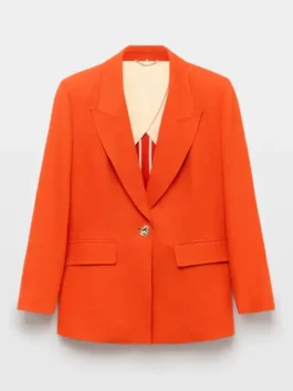 Front view of the orange Princess Leonor Orange Suit showcasing the clean blazer button front and functional pockets.