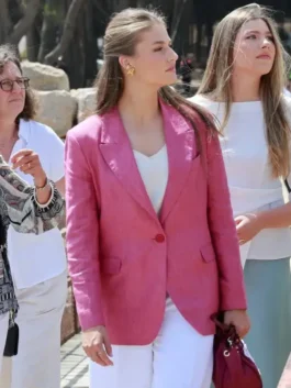 Full front view of the Princess Leonor Pink Blazer showcasing the clean three-pocket layout and tailored waistline.
