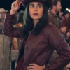 Close-up front view of the burgundy real leather Ransom Canyon Ellie Estevez Burgundy Jacket detailing the shirt style collar and button front.