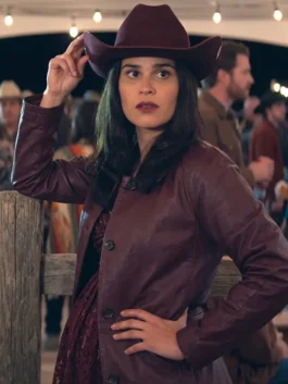 Close-up front view of the burgundy real leather Ransom Canyon Ellie Estevez Burgundy Jacket detailing the shirt style collar and button front.