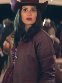 Full front view of the burgundy real leather Ransom Canyon Ellie Estevez Burgundy Jacket highlighting four practical storage pockets.