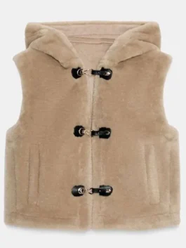 Close-up front view of the beige shearling Ransom Canyon Heidi Grace Shearling Vest detailing the buckle closure and attached hood.