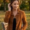 Close-up front profile of the tan suede Ransom Canyon Quinn O’Grady Suede Jacket detailing the shirt collar and front buttons.