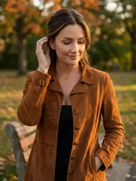 Close-up front profile of the tan suede Ransom Canyon Quinn O’Grady Suede Jacket detailing the shirt collar and front buttons.