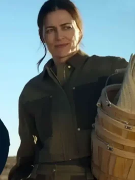 Full front view of the green cotton Ransom Canyon S02 Lauren Glazier Jacket showing its structured collar and full sleeves.
