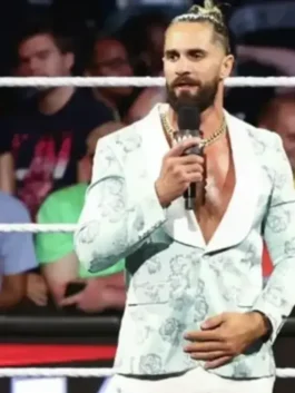Front view of the mint green RAW Seth Rollins Floral Blazer showcasing full length sleeves and floral jacquard pattern.