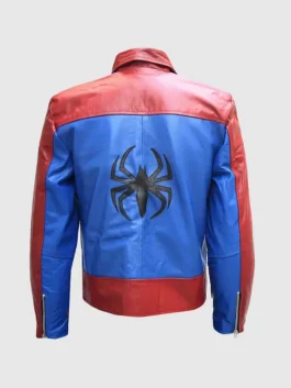Back view of the red and blue Mens Red and Blue SpiderMan Leather Jacket revealing the full Spider-Man biker leather design on this iconic Marvel piece