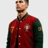 Red and green Ronaldo Portugal Varsity Jacket celebrating Cristiano Ronaldo's legendary career and undying love for the Portugal national team
