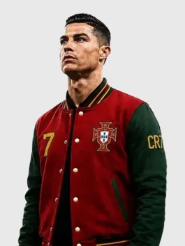 Red and green Ronaldo Portugal Varsity Jacket celebrating Cristiano Ronaldo's legendary career and undying love for the Portugal national team