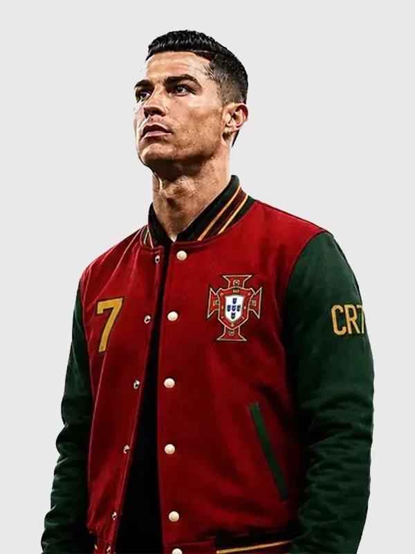Red and green Ronaldo Portugal Varsity Jacket celebrating Cristiano Ronaldo's legendary career and undying love for the Portugal national team