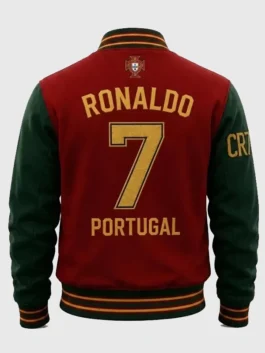 Back view of the red and green Ronaldo Portugal Varsity Jacket revealing the full design of this iconic Cristiano Ronaldo Portugal tribute piece