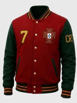 Front view of the red and green Ronaldo Portugal Varsity Jacket putting the full Cristiano Ronaldo Portugal varsity design on bold display