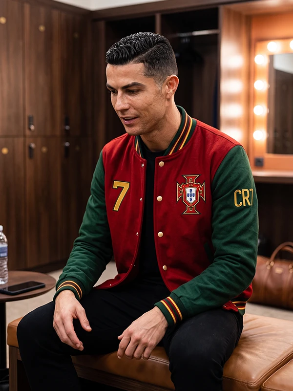 Classic red and green Ronaldo Portugal Varsity Jacket honoring the greatest chapter of Cristiano Ronaldo's career wearing the Portugal national colors