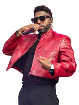 Red leather Roundhay Festival 2026 Jason Derulo Jacket highlighting the smooth front zip.