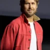 Full front profile of the red denim Ryan Gosling ComicCon Red Denim Jacket highlighting three functional storage pockets.