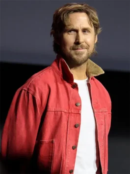 Full front profile of the red denim Ryan Gosling ComicCon Red Denim Jacket highlighting three functional storage pockets.