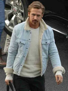 The Nice Guys Ryan Gosling Fur Jacket front view featuring premium suede leather, plush shearling collar, and classic retro-inspired design