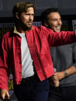 Vibrant red denim Ryan Gosling ComicCon Red Denim Jacket featuring a classic shirt style collar and front button closure.
