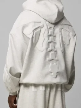 Back view of the white fleece Sandevistan White Hoodie showing clean stitched construction and full sleeves.