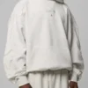 Front view of the white fleece Sandevistan White Hoodie detailing the hooded collar and front kangaroo pocket.
