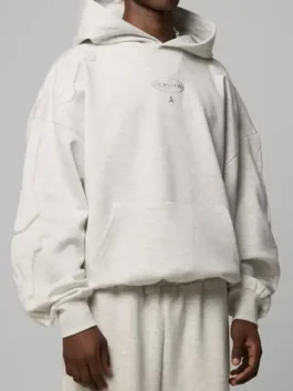 Front view of the white fleece Sandevistan White Hoodie detailing the hooded collar and front kangaroo pocket.