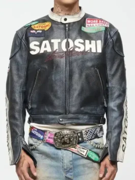Black real leather Satoshi Nakamoto Black Leather Moto Jacket featuring an erect collar and sleek zipper closure.
