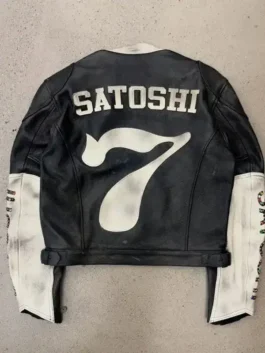 Black real leather Satoshi Nakamoto Black Leather Moto Jacket showcasing full length sleeves and zipper cuffs.