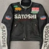 Front view of the black real leather Satoshi Nakamoto Black Leather Moto Jacket highlighting three functional storage pockets.