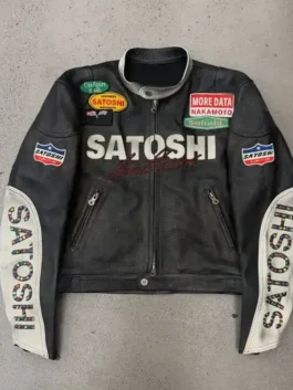 Front view of the black real leather Satoshi Nakamoto Black Leather Moto Jacket highlighting three functional storage pockets.